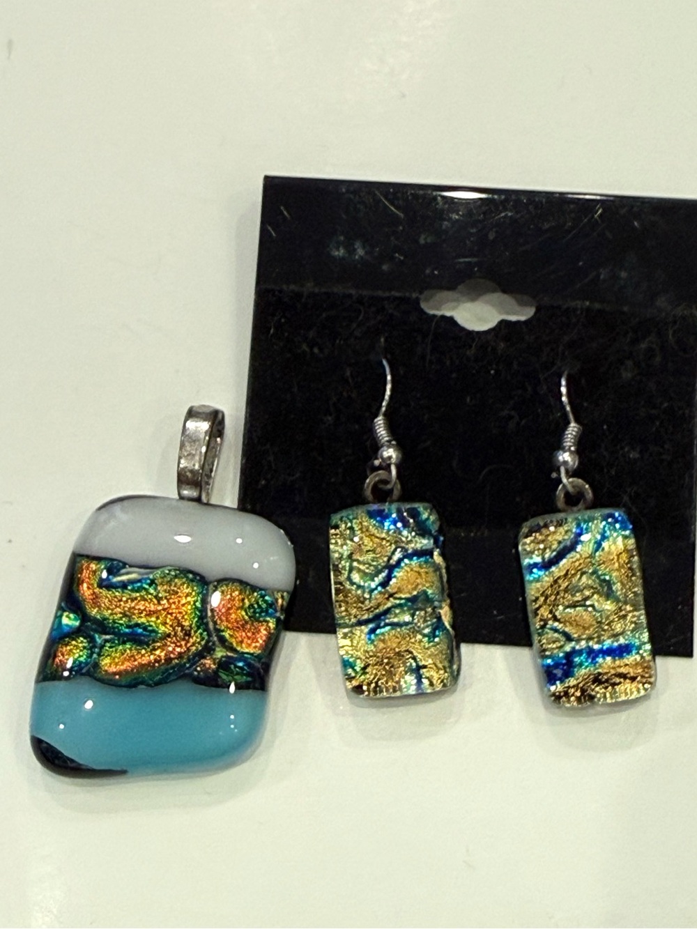 Artisan Fused Glass Pendant Earrings Set Blue Gold Dichroic Handmade